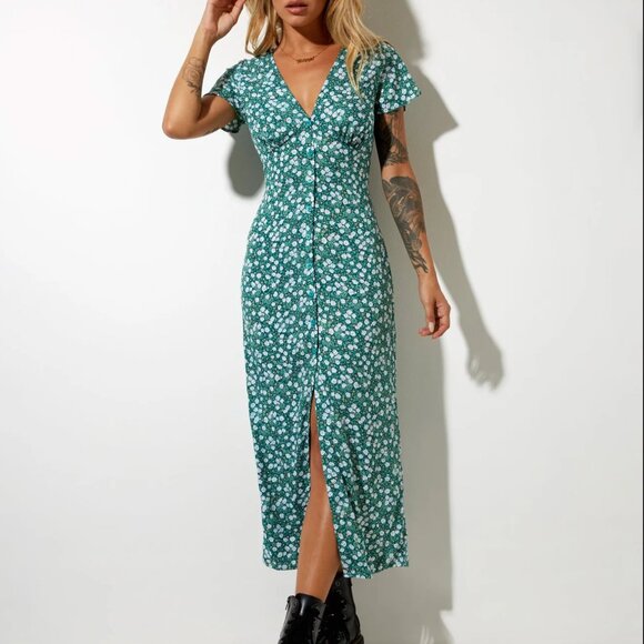 Larin Midi Dress in Floral Field Green - Picture 2 of 4